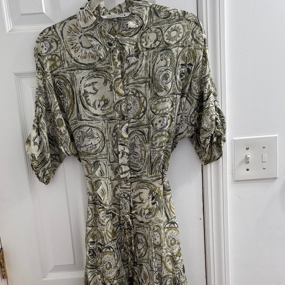 Zara Olive Patterned Midi Dress